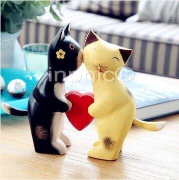 INPHIC-北歐動物原木雕刻輕吻貓咪創意家居擺飾