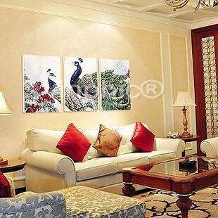 INPHIC-孔雀牡丹客廳無框畫三聯畫臥室裝飾畫中國風沙發背景牆畫掛畫壁畫