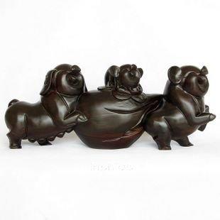 INPHIC-紅木工藝品 福豬送財 合家歡擺飾 木雕刻家居風水擺飾