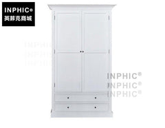 INPHIC-歐式復古帶掛桿抽屜衣櫥 美式鄉村風簡約楊木兩門白色經典衣櫃