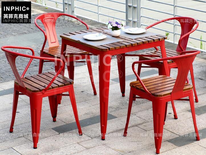 INPHIC-戶外庭院桌椅室外花園休閒咖啡廳桌椅露天陽臺桌椅組合五件套裝-紅色一桌4椅
