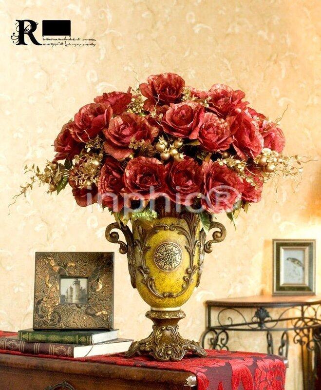 INPHIC-巴比倫金邊玫瑰安德魯複古樹脂花器仿真花藝套裝