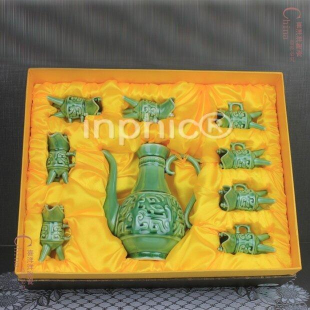 INPHIC-9頭青瓷復古酒具套裝 古代酒壺酒杯 綠色爵杯瓷 宮廷酒器
