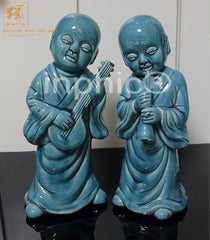 INPHIC-新品上架 中式青碎瓷可愛卡通小和尚古典樂手創意家居裝飾品擺飾(一對)