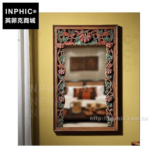 INPHIC-化妝鏡框彩繪花卉圖鏡框壁飾木質壁掛泰國泰式木雕東南亞