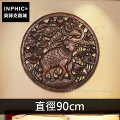 INPHIC-大象鏤空圓雕花板壁飾木雕東南亞會所別墅泰國掛飾-直徑90cm