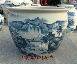 INPHIC-景德鎮陶瓷工藝品 青花山水寫意畫 藝術瓷器蓮子大魚缸 擺設裝飾