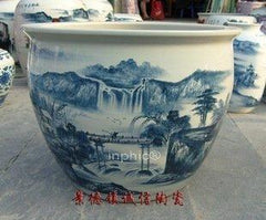 INPHIC-景德鎮陶瓷工藝品 青花山水寫意畫 藝術瓷器蓮子大魚缸 擺設裝飾