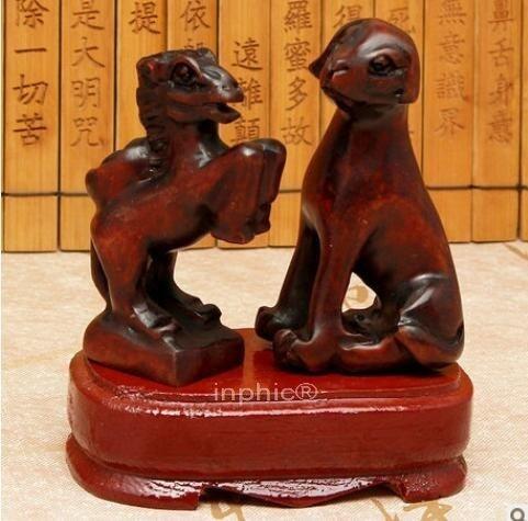 INPHIC-開光菩提靈獒寶駒金葉擺件 寶葫蘆隨身金卡擺件財旺馬騰(一對帶底座)