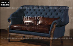 INPHIC-美式法式皮布沙發 油蠟復古家具 藍色高背沙發-B款