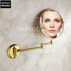 INPHIC-全銅金色8寸放大鏡 掛壁式雙面浴室化妝鏡 壁掛伸縮折疊 美容鏡子-ICJF002104A