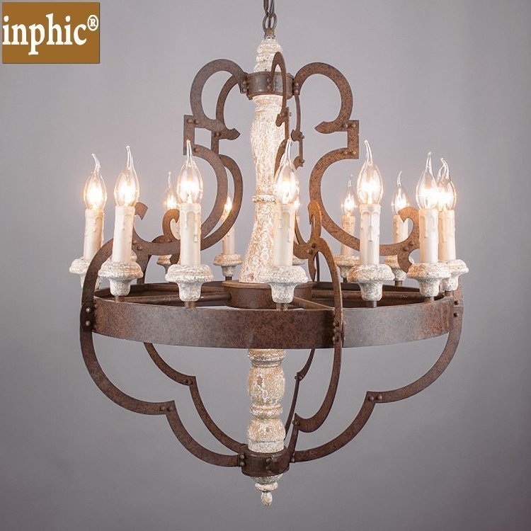 INPHIC-美式鄉村復古吧臺餐廳咖啡廳服裝店歐式客廳創意法式木頭吊燈 15頭木雕