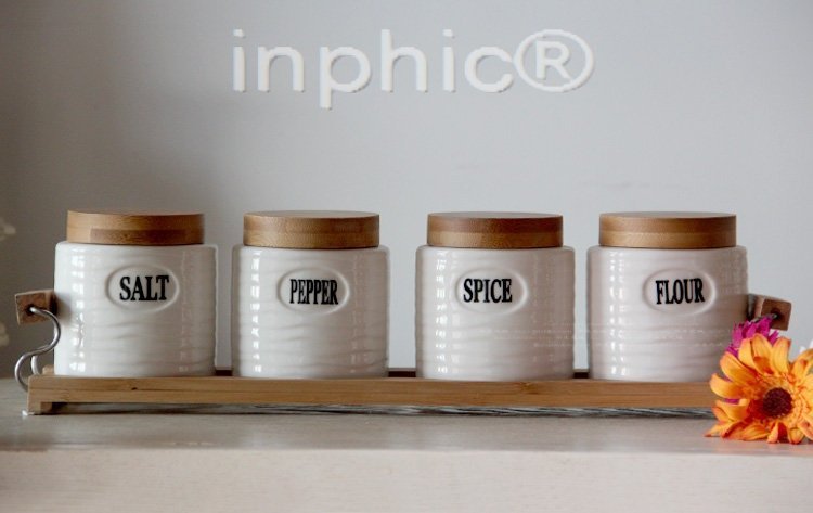INPHIC-天然竹製純白陶瓷密封罐食品儲存罐10件套