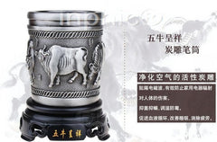 INPHIC-活性炭雕碳雕筆筒擺飾 五牛呈祥 創意筆筒辦公擺設 高檔