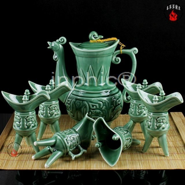 INPHIC-7頭綠色爵杯瓷古代宮廷酒杯酒壺 陶瓷復古酒具套裝 復古酒器套件