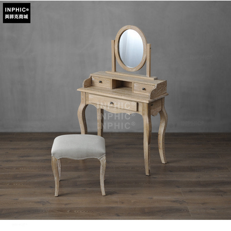 INPHIC-法式鄉村橡木化妝台 化妝桌化妝鏡化妝凳三件組合合售