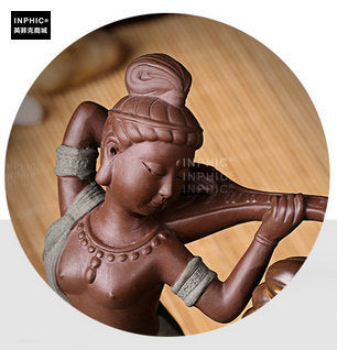 INPHIC-飛天仙女背琴陶瓷倒流香爐 錐香塔香熏香爐 瀑布觀煙香爐香禮