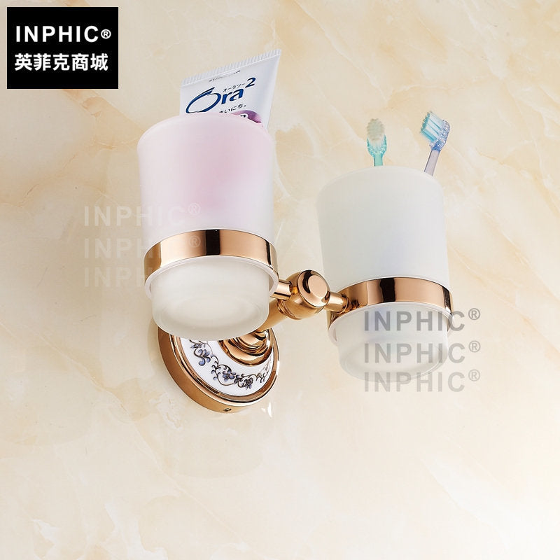 INPHIC-歐式玫瑰金陶瓷仿古漱口杯架 雙杯架 青花瓷牙刷杯架