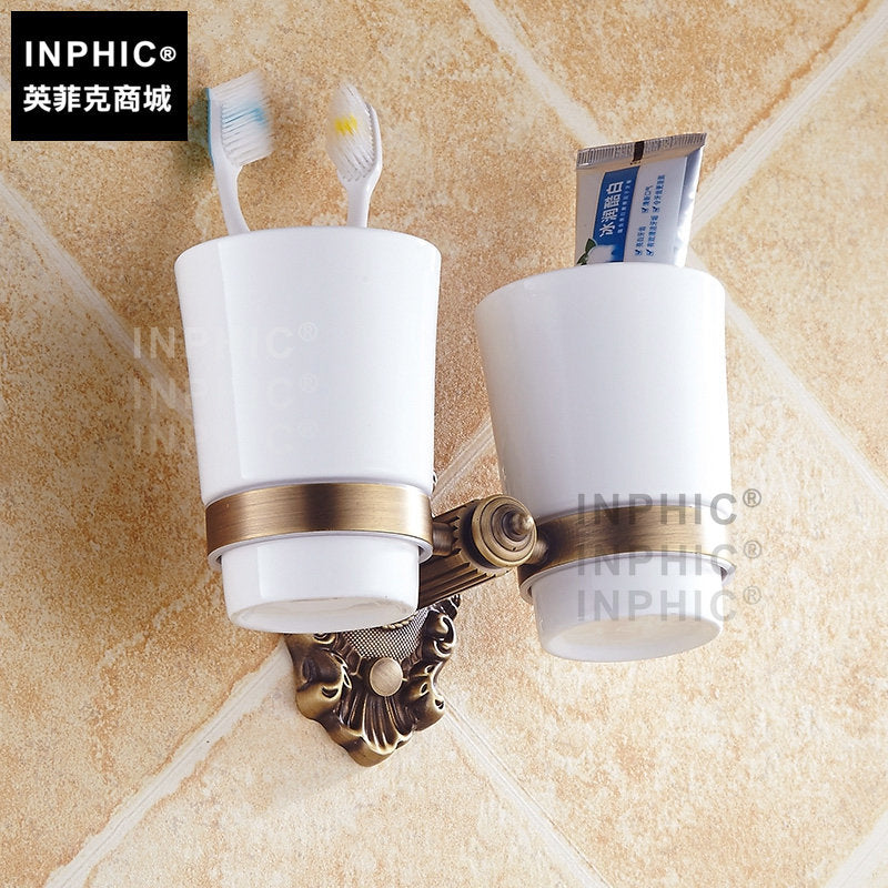 INPHIC-歐式仿古陶瓷漱口杯架 全銅牙刷杯架套裝 雕花浴室壁掛擺飾