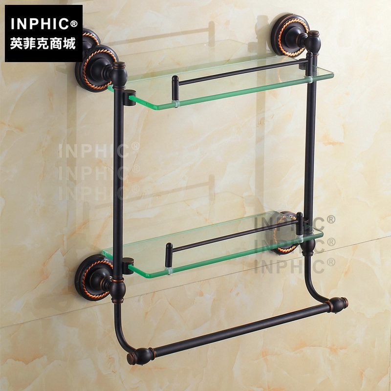 INPHIC-黑色/古銅 仿古 全銅雙層化妝臺品架帶毛巾桿歐式玻璃置物架