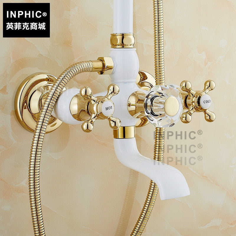 INPHIC-白色加金色花灑全銅歐式龍頭烤漆水龍頭白色淋浴花灑套裝象牙白金