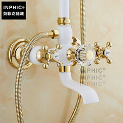 INPHIC-白色加金色花灑全銅歐式龍頭烤漆水龍頭白色淋浴花灑套裝象牙白金