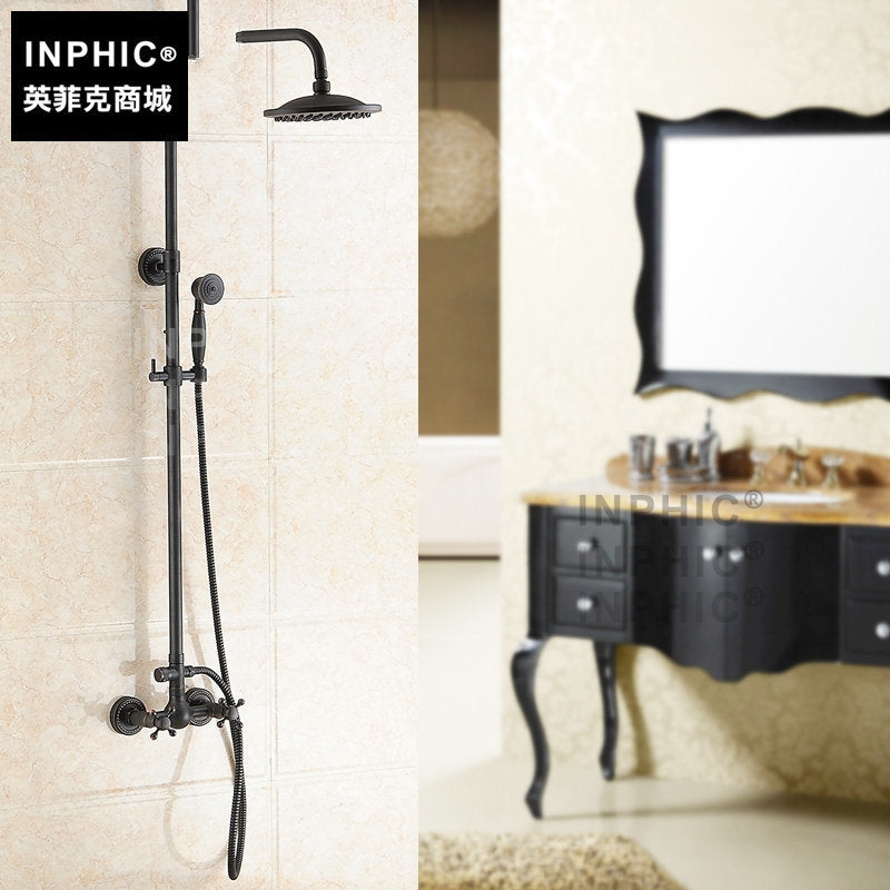 INPHIC-仿古淋浴花灑套裝 全銅歐式復古美式雙花灑淋浴器 黑古銅升降花灑