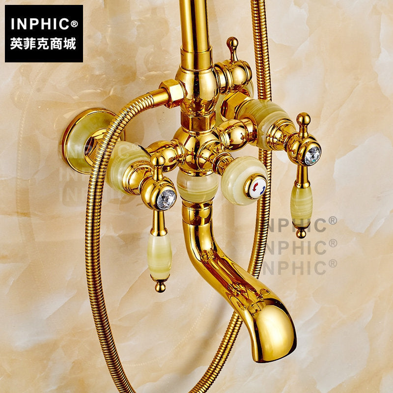 INPHIC-玉石歐式花灑黃銅金色復古水龍頭仿古淋浴套裝浴室淋浴