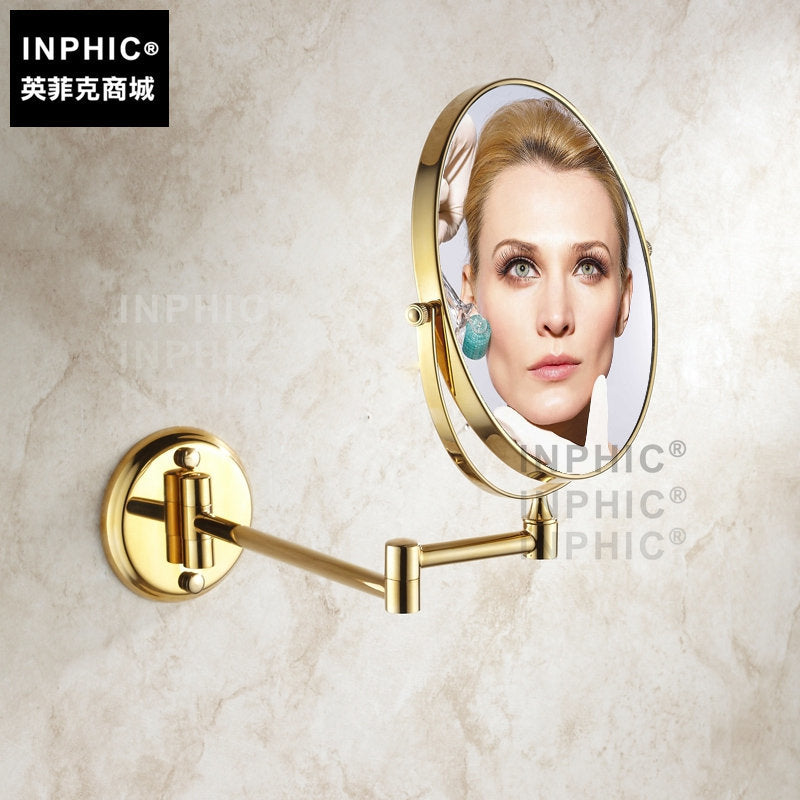 INPHIC-全銅金色8寸放大鏡 掛壁式雙面浴室化妝鏡 壁掛伸縮折疊 美容鏡子