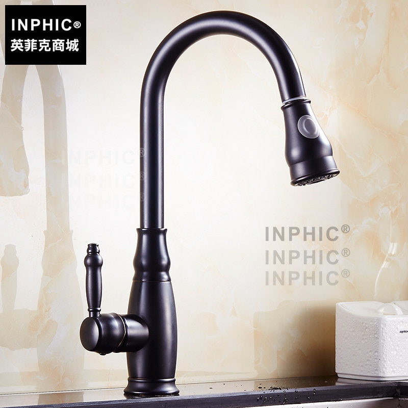 INPHIC-全銅抽拉式廚房水龍頭歐式洗碗池臉盆臺盆拉伸洗菜盆黑古水槽龍頭-A款
