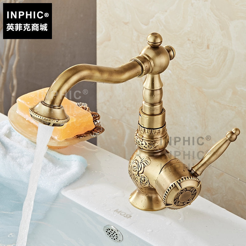 INPHIC-全銅歐式仿古臉盆水龍頭復古雕花純銅冷熱水加高可旋轉龍頭