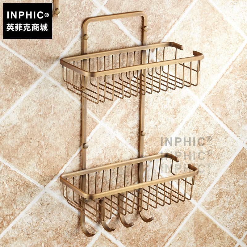 INPHIC-衛浴五金壁掛擺飾 全銅仿古銅四方雙層籃置物架 網籃 帶掛鉤歐式排鉤