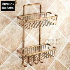 INPHIC-衛浴五金壁掛擺飾 全銅仿古銅四方雙層籃置物架 網籃 帶掛鉤歐式排鉤