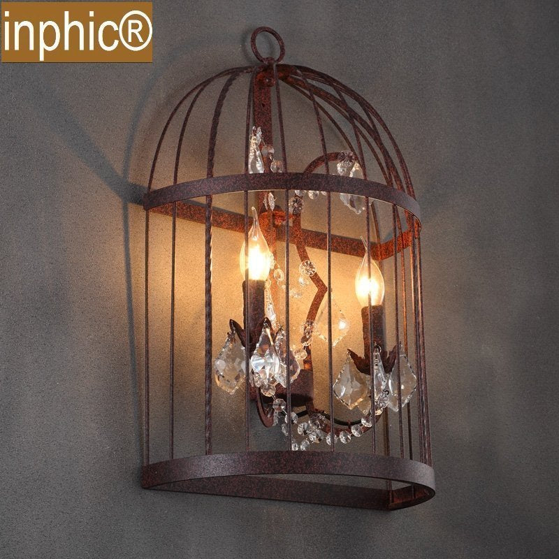INPHIC-美式鄉村田園風格LOFT工業臥室床頭鐵藝鳥籠水晶壁燈