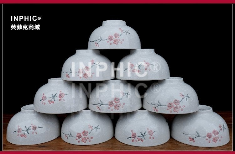 INPHIC-陶瓷小花飯碗  日式 米飯碗套裝 適用爐洗碗機(10個)