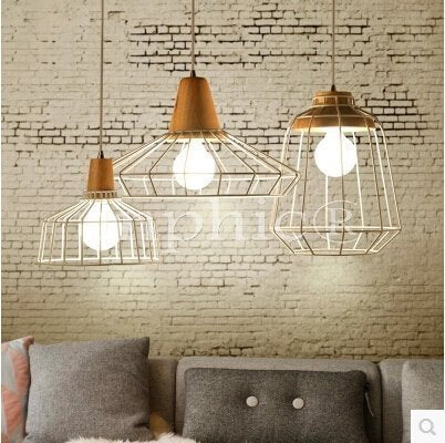 INPHIC-LOFT復古工業鐵藝鑽石鳥籠吊燈藝術酒吧吧臺書房實木日式餐廳吊燈 E款