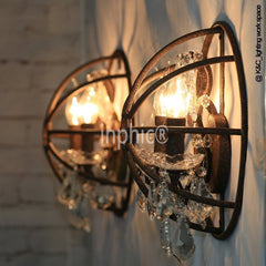 INPHIC-復古仿舊半圓鐵藝壁燈 雙頭鐵籠水晶 餐廳酒吧工業壁燈