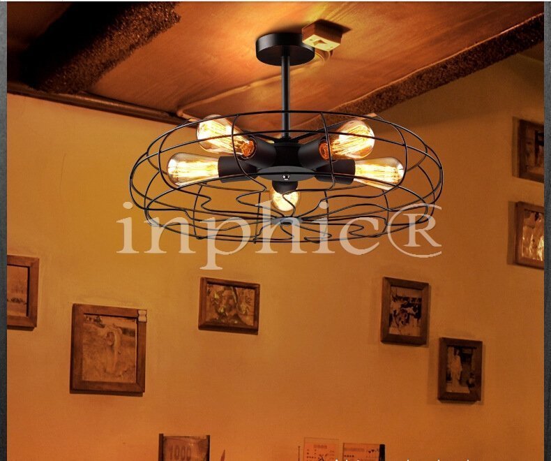 INPHIC-美式鄉村工業餐廳燈陽臺歐式復古電風扇吊燈書房燈酒吧燈 黑色5頭