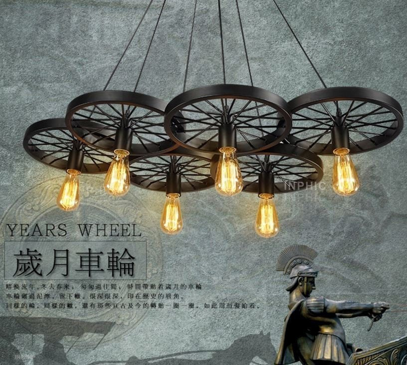INPHIC-loft復古特色工業車輪吊燈 美式鄉村餐廳燈酒吧客廳鐵藝燈具 6頭連體 黑色款