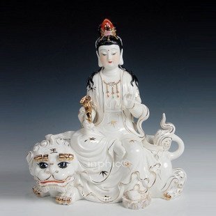 INPHIC-佛像 文殊廣法天尊菩薩 陶瓷祥獅文殊佛像 10吋文殊菩薩