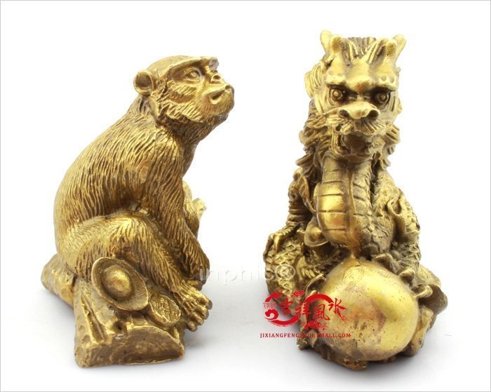 INPHIC-開運 開光菩提美猴嘻龍金葉擺件屬鼠吉祥物寶葫蘆隨身金卡擺件猴躍龍飛(一對)