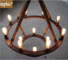 INPHIC-美式鄉村麻繩吊燈鐵藝燈酒吧臺服裝店客廳餐廳燈裝飾個性復古燈飾 12頭雙層80cm