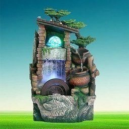 INPHIC-開運 歐式樹脂流水工藝品 田園風格 加濕器 雨景瓦房長青噴泉