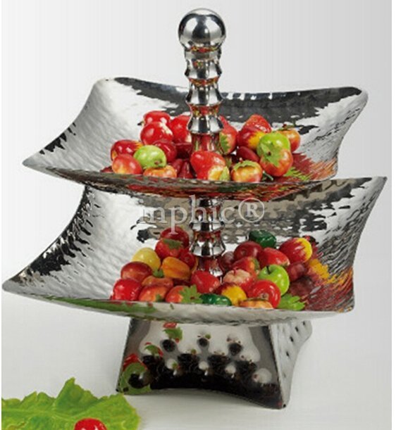 INPHIC-不鏽鋼水果塔 方形兩層錘印籃 麵包籃水果點心盆架自助餐酒店用品