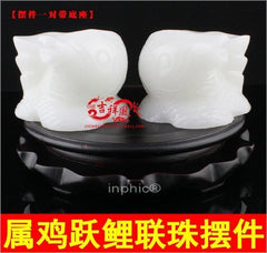INPHIC-開運 開光白色躍鯉聯珠擺件蛇年屬雞開運吉祥物(一對帶底座)