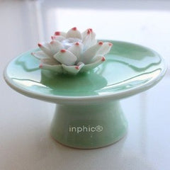 INPHIC-綠底圓碟 長腳 陶瓷飾品 綠意荷花蓮花 民族風 創意首飾