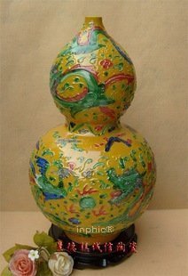 INPHIC-景德鎮瓷器工藝品 五彩雕刻藝術陶瓷 龍鳳 小葫蘆瓶 花插饋贈送禮