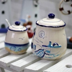 INPHIC-糖罐 陶瓷 收納罐 地中海風儲物罐 調味罐 瓷罐 裝飾罐 咖啡罐 擺飾