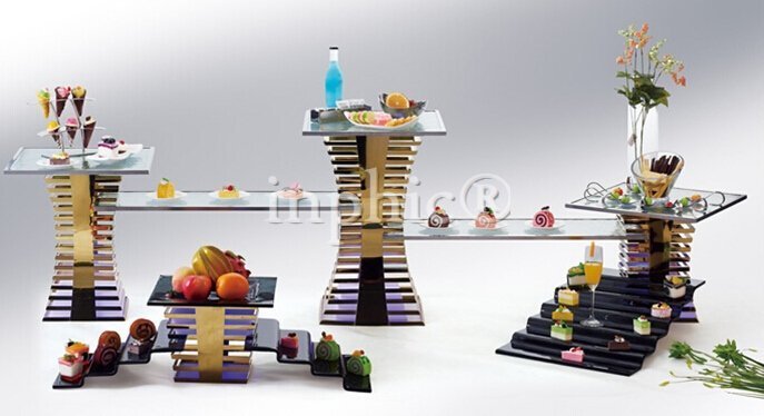 INPHIC-多功能自助餐不鏽鋼展示腰形層架大理石熱熔梯形玻璃承板組合