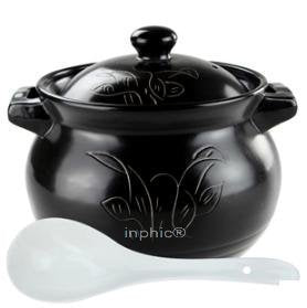 INPHIC-陶瓷燉煲燉鍋砂鍋湯煲5升刻花（黑色款）贈大湯勺